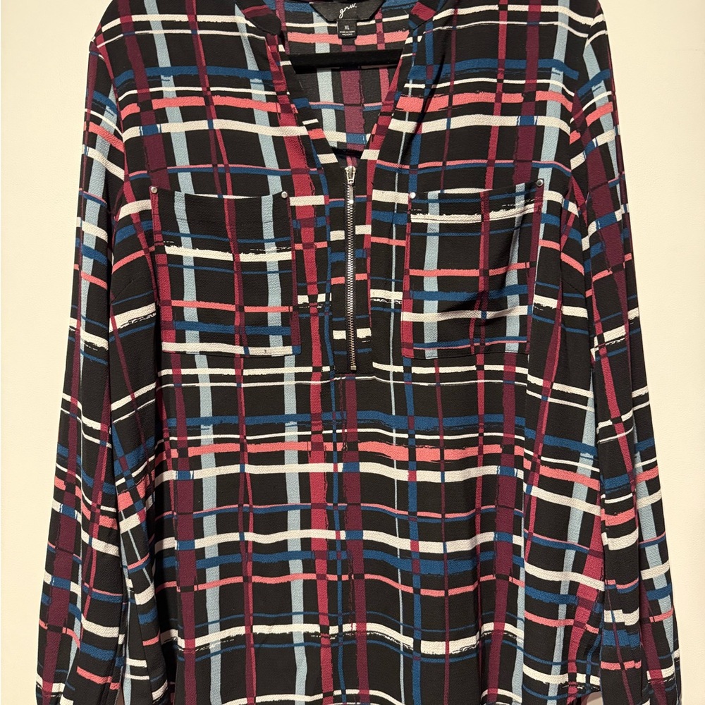 GNW Women's Colorful Plaid Blouse with Half Zip Detail